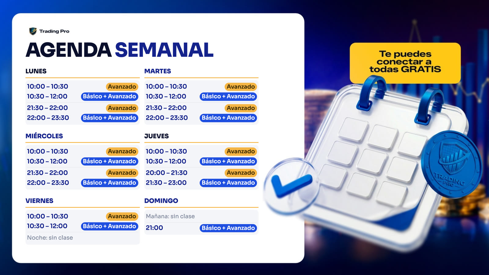 Agenda semanal de clases en vivo de Trading Pro: lunes a viernes de 10:00 a 12:00 y por la noche, domingo a las 21:00. Te podés conectar a todas gratis.